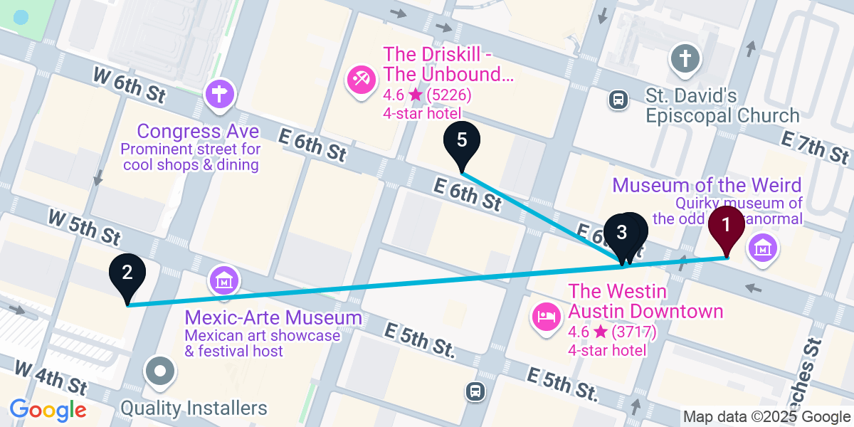 Map for 5-Stop Austin Live music Bar Crawl