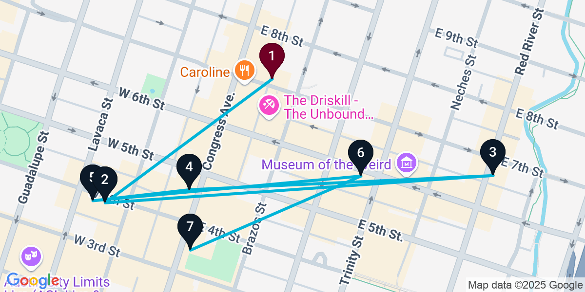 Map for 7-Stop Austin Nightclub Bar Crawl