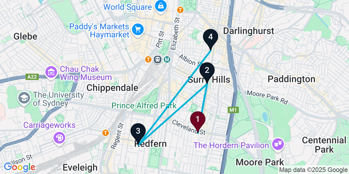 Map for 4-Stop Redfern Wine bar Bar Crawl