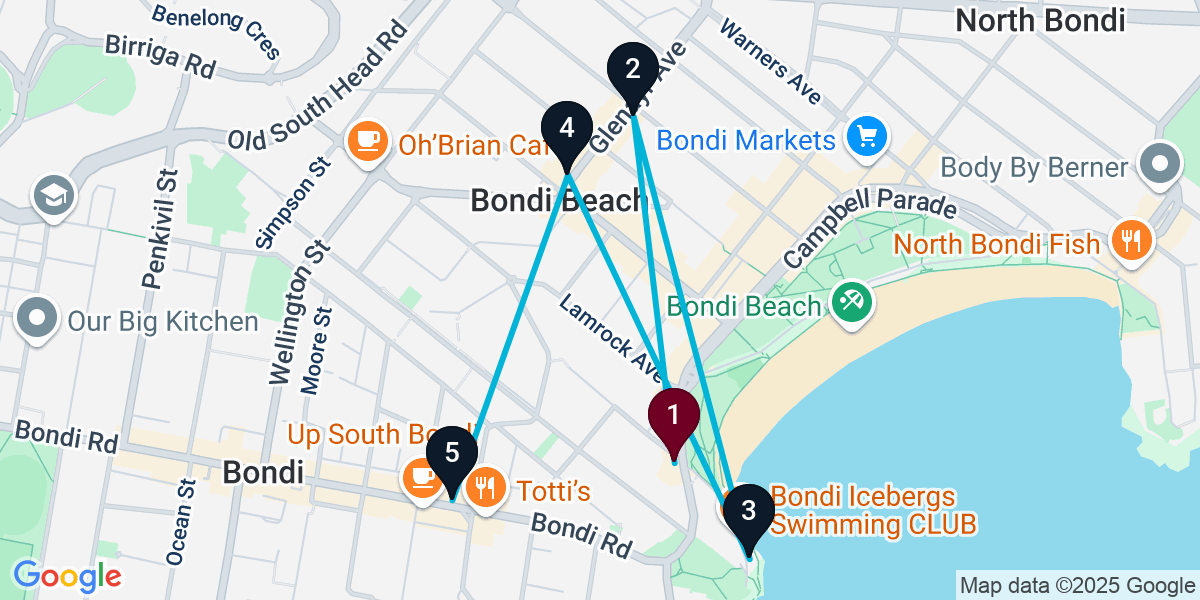 Map for 5-Stop Bondi Beach Bar Crawl