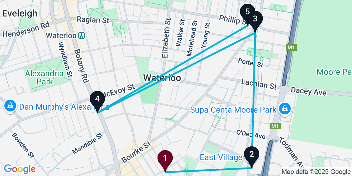 Map for 5-Stop Zetland Wine bar Bar Crawl