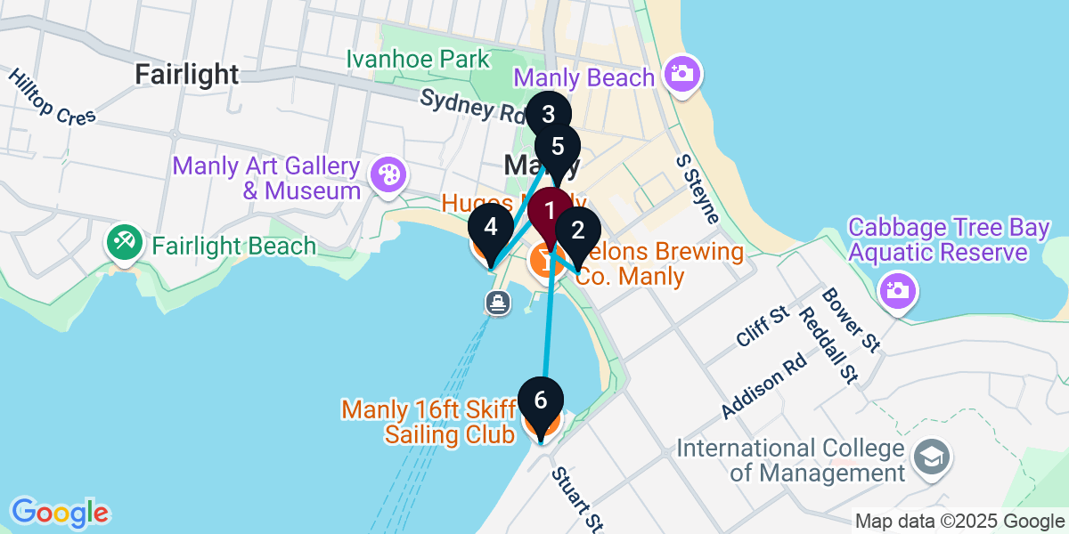 Map for 6-Stop Manly Bar Crawl