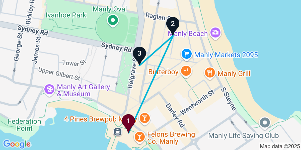 Map for 3-Stop Manly Speakeasy Bar Crawl