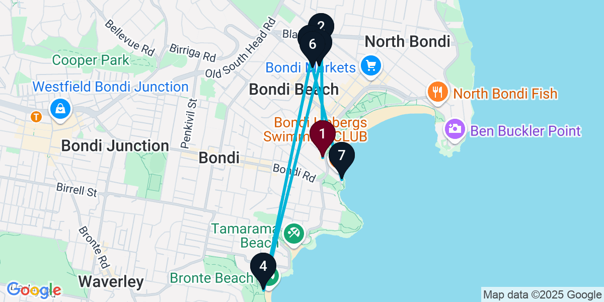 Map for 7-Stop Bondi Beach Beach bar Bar Crawl
