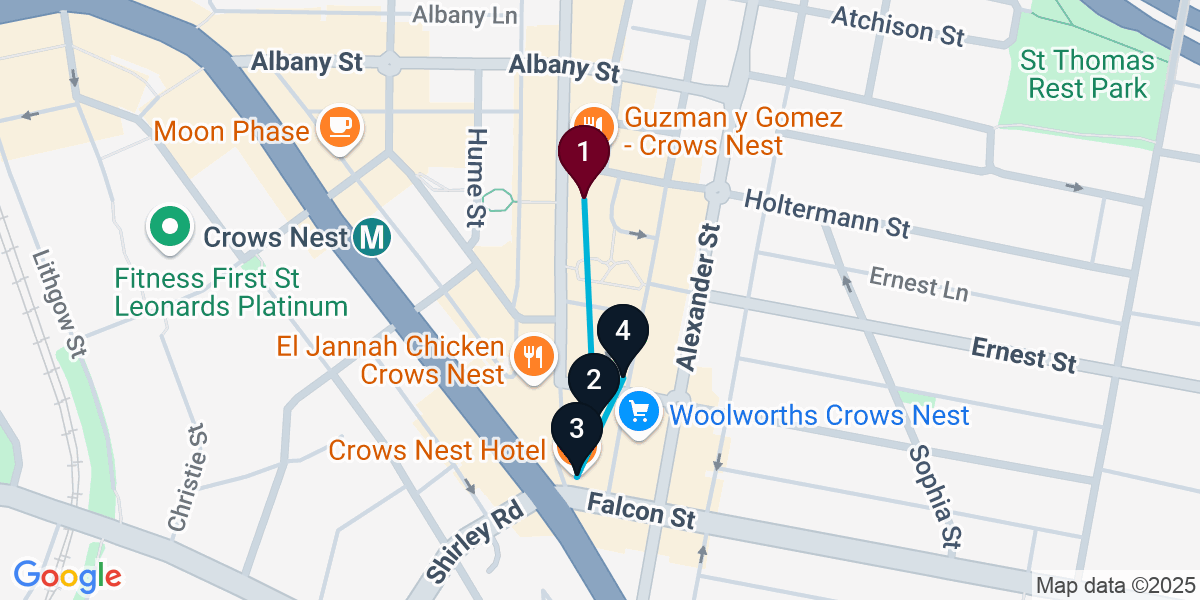 Map for 4-Stop Crows Nest Bar Crawl