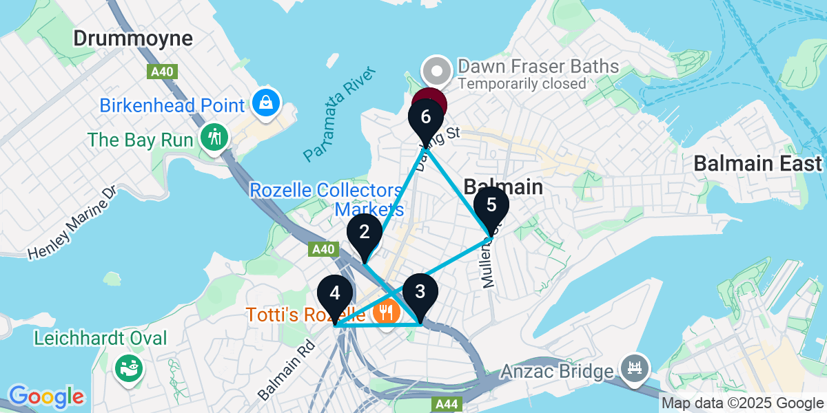 Map for 6-Stop Balmain Live music Bar Crawl