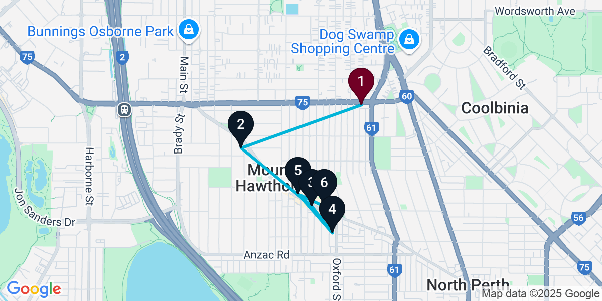Map for 6-Stop Mount Hawthorn Wine bar Bar Crawl