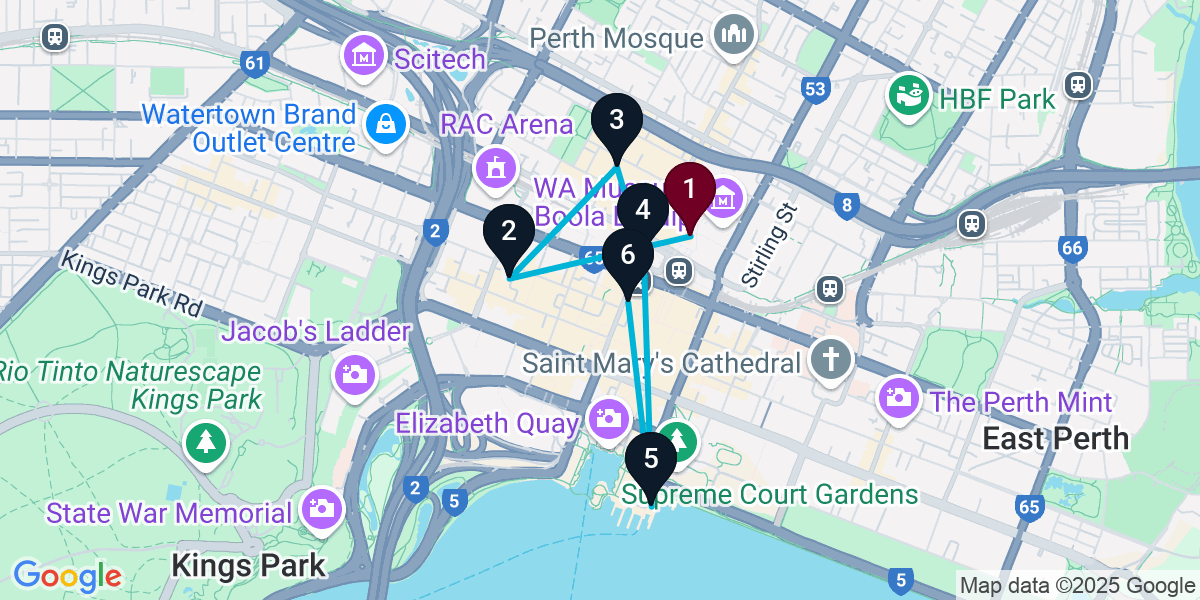 Map for 6-Stop Northbridge Bar Crawl