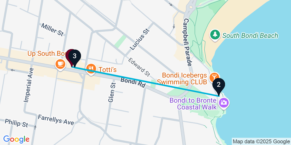 Map for 3-Stop Bondi Bar Crawl