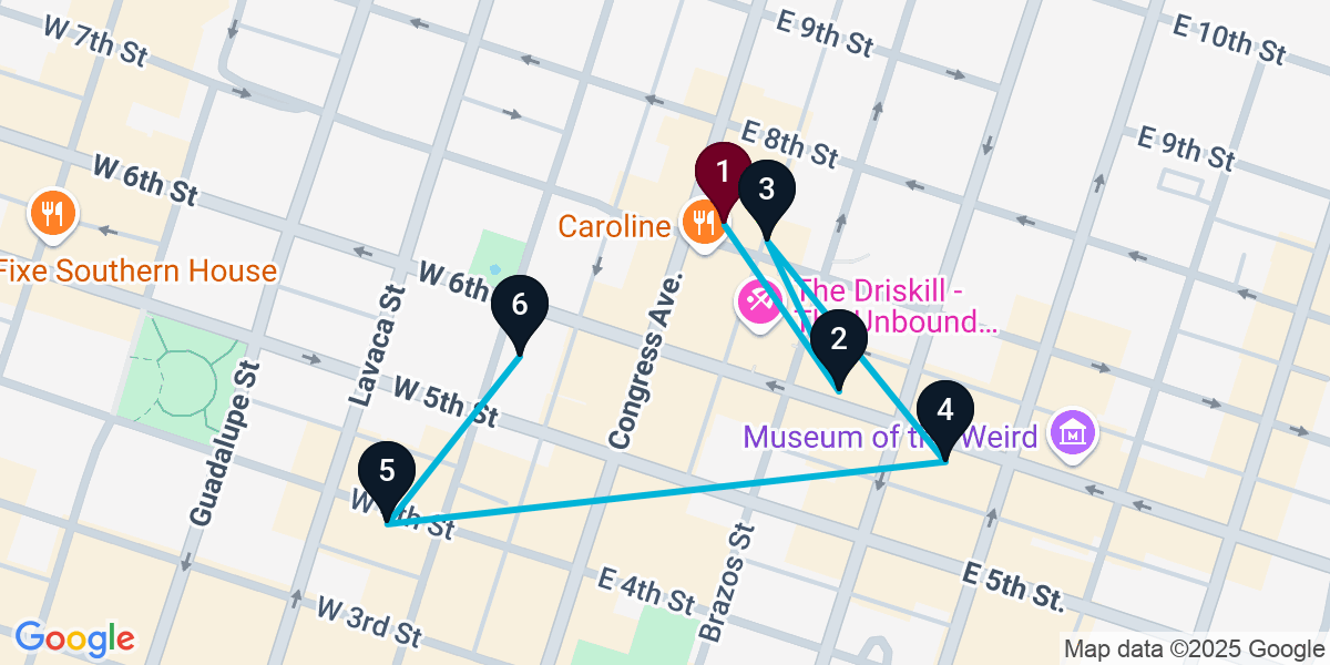 Map for 6-Stop Austin Bar Crawl