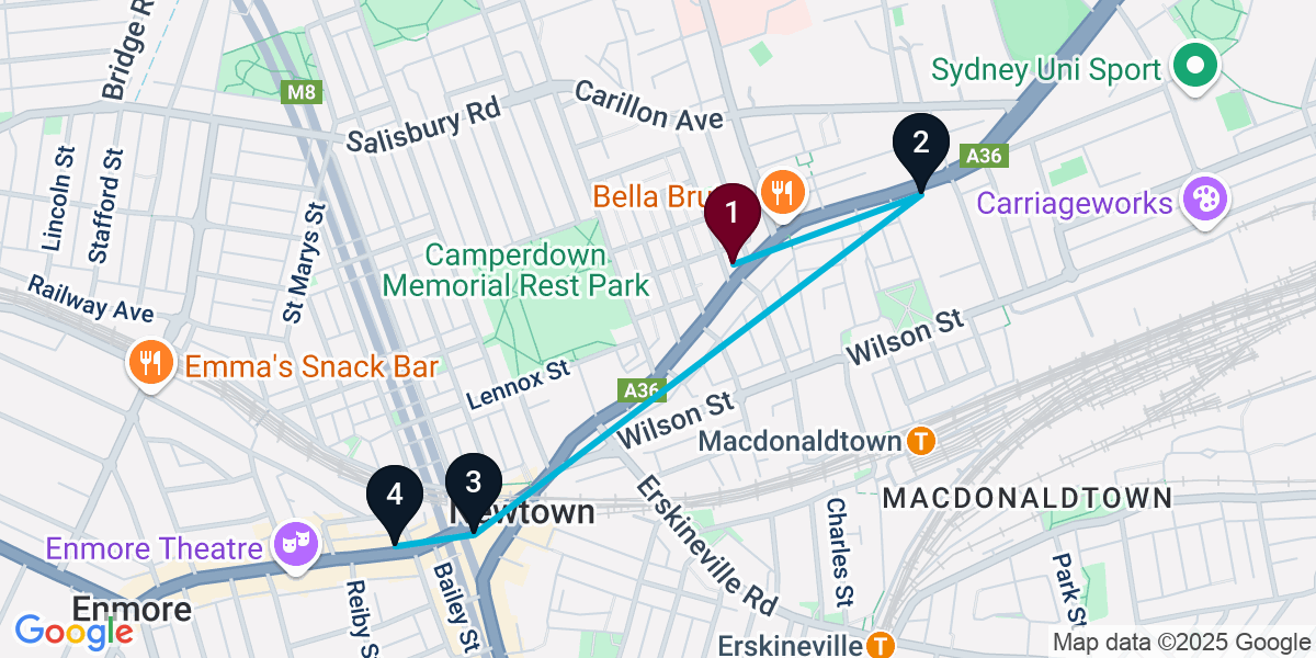 Map for 4-Stop Newtown Cocktail Bar Crawl