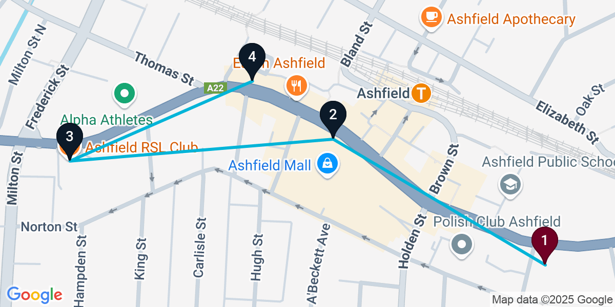 Map for 4-Stop Ashfield Nightclub Bar Crawl