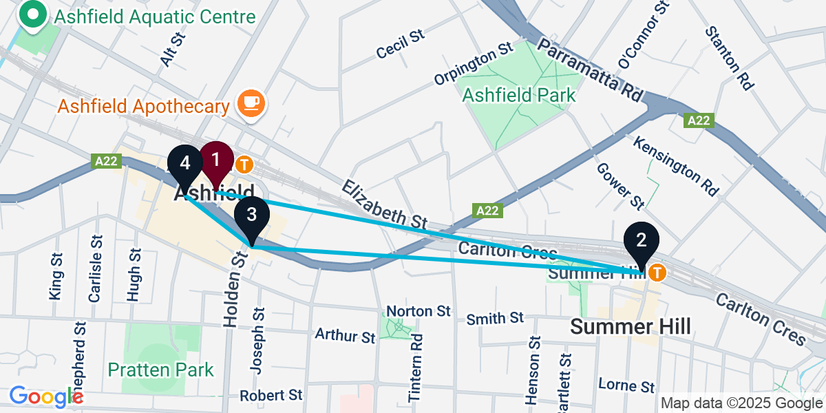Map for 4-Stop Ashfield Pub Bar Crawl