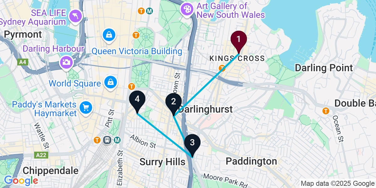 Map for 4-Stop Potts Point Brewery Bar Crawl
