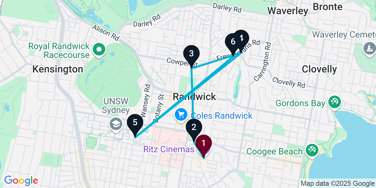 Map for 6-Stop Randwick Bar Crawl