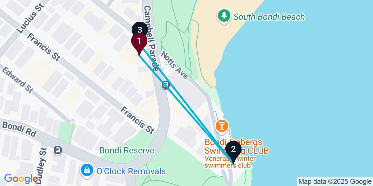 Map for 3-Stop Bondi Beach Rooftop Bar Crawl