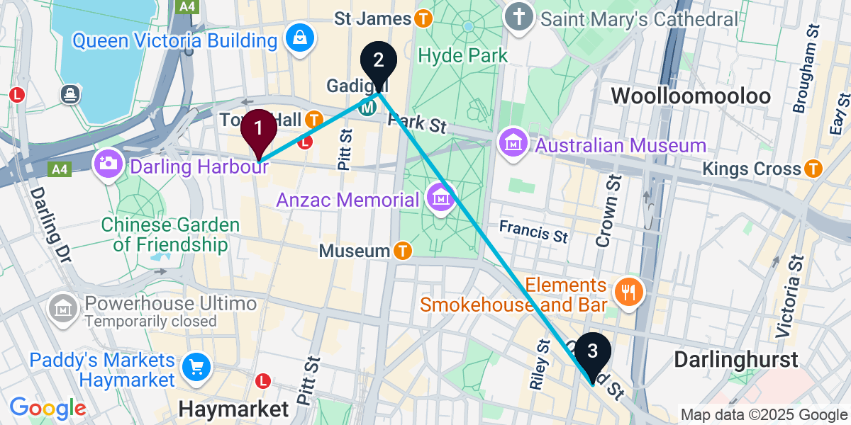 Map for 3-Stop Sydney Hotel bar Bar Crawl