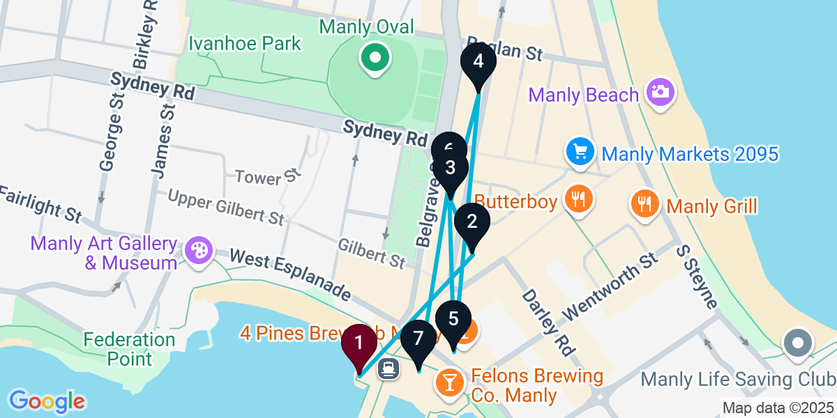 Map for 7-Stop Manly Wine bar Bar Crawl