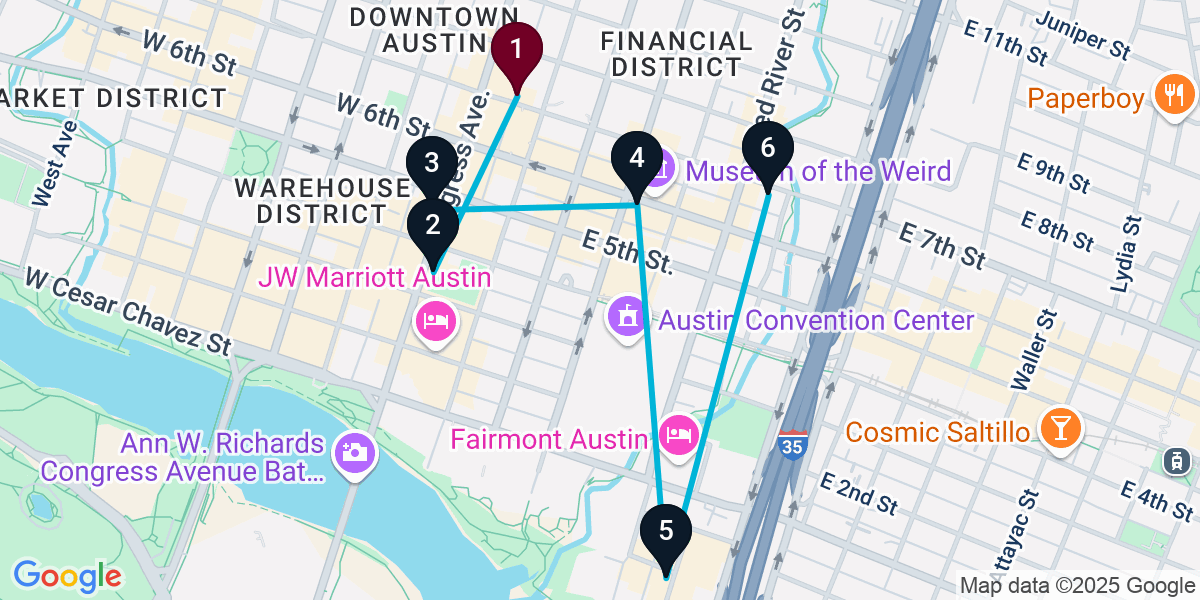 Map for 6-Stop Austin Wine bar Bar Crawl