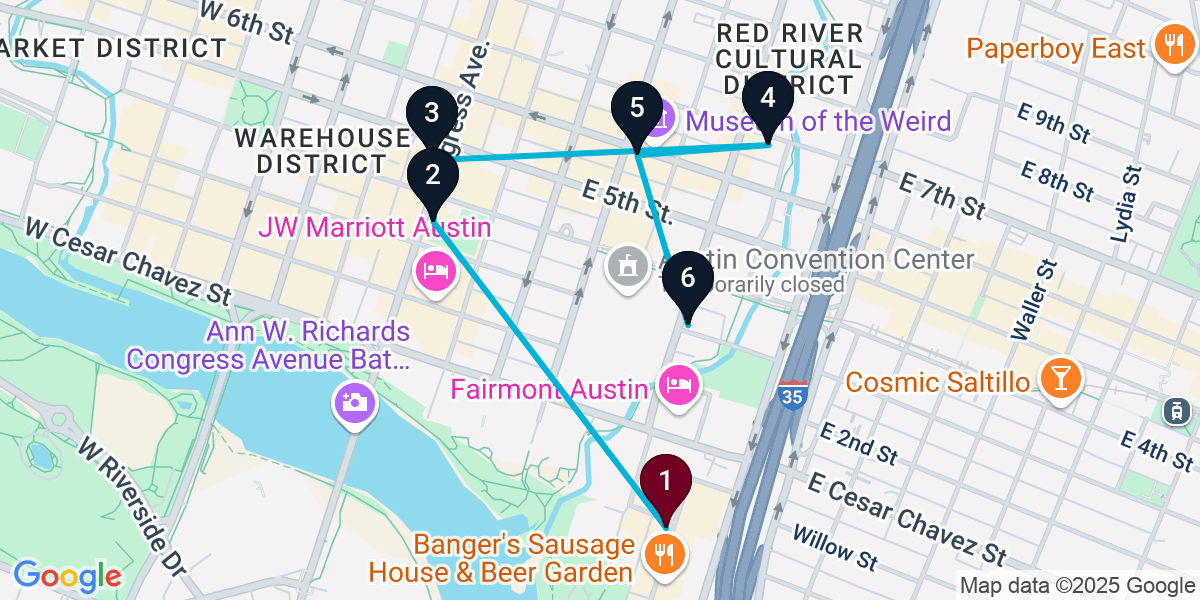 Map for 6-Stop Austin Cocktail Bar Crawl