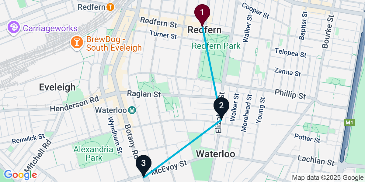 Map for 3-Stop Redfern Pub Bar Crawl