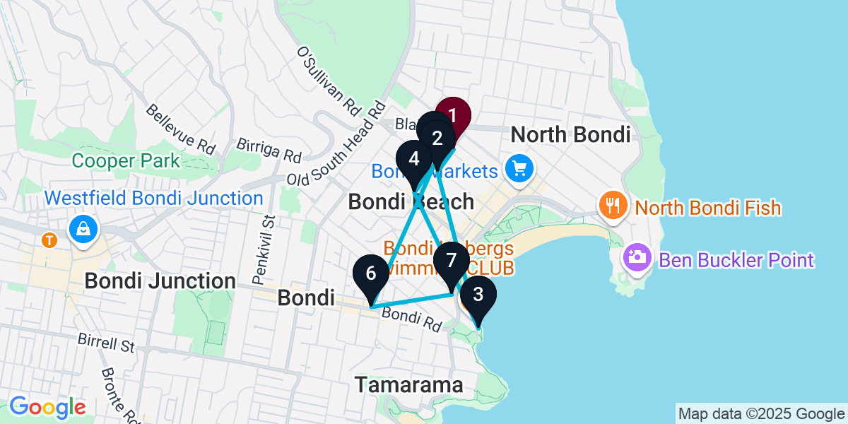 Map for 7-Stop Bondi Beach Bar Crawl