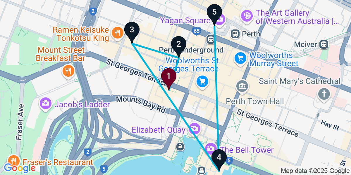 Map for 5-Stop Perth Cocktail Bar Crawl