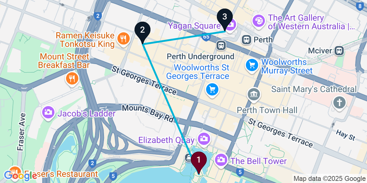 Map for 3-Stop Perth Cocktail Bar Crawl