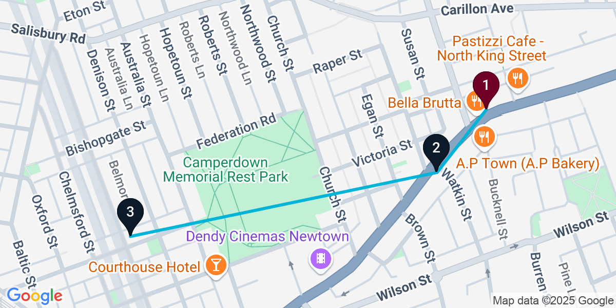 Map for 3-Stop Newtown Pub Bar Crawl
