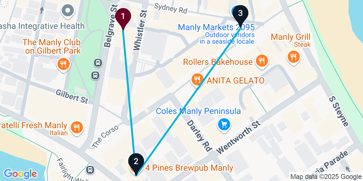 Map for 3-Stop Manly Pub Bar Crawl