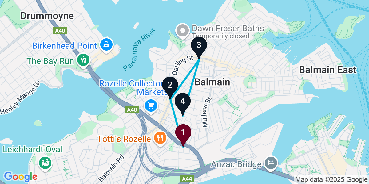 Map for 4-Stop Rozelle Bar Crawl