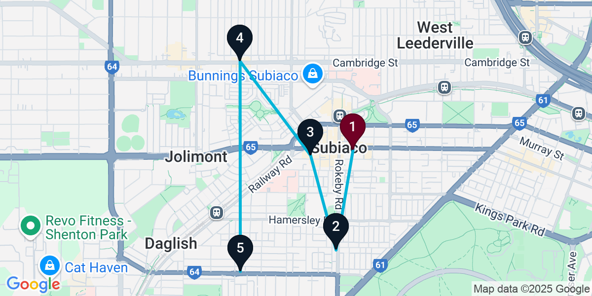 Map for 5-Stop Subiaco Cocktail Bar Crawl