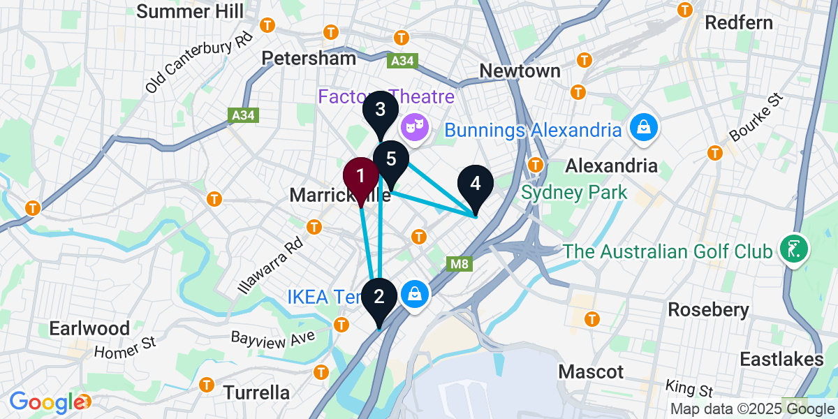 Map for 5-Stop Marrickville Pub Bar Crawl