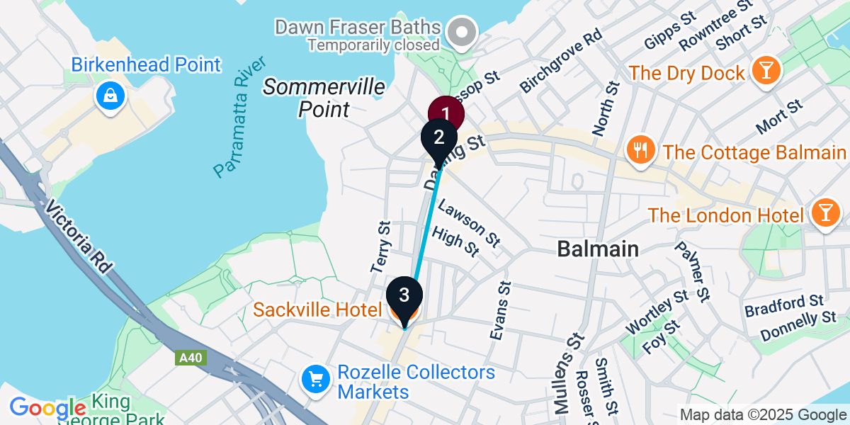 Map for 3-Stop Balmain Pub Bar Crawl