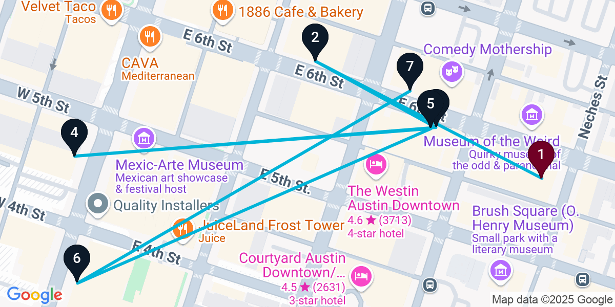 Map for 7-Stop Austin Live music Bar Crawl