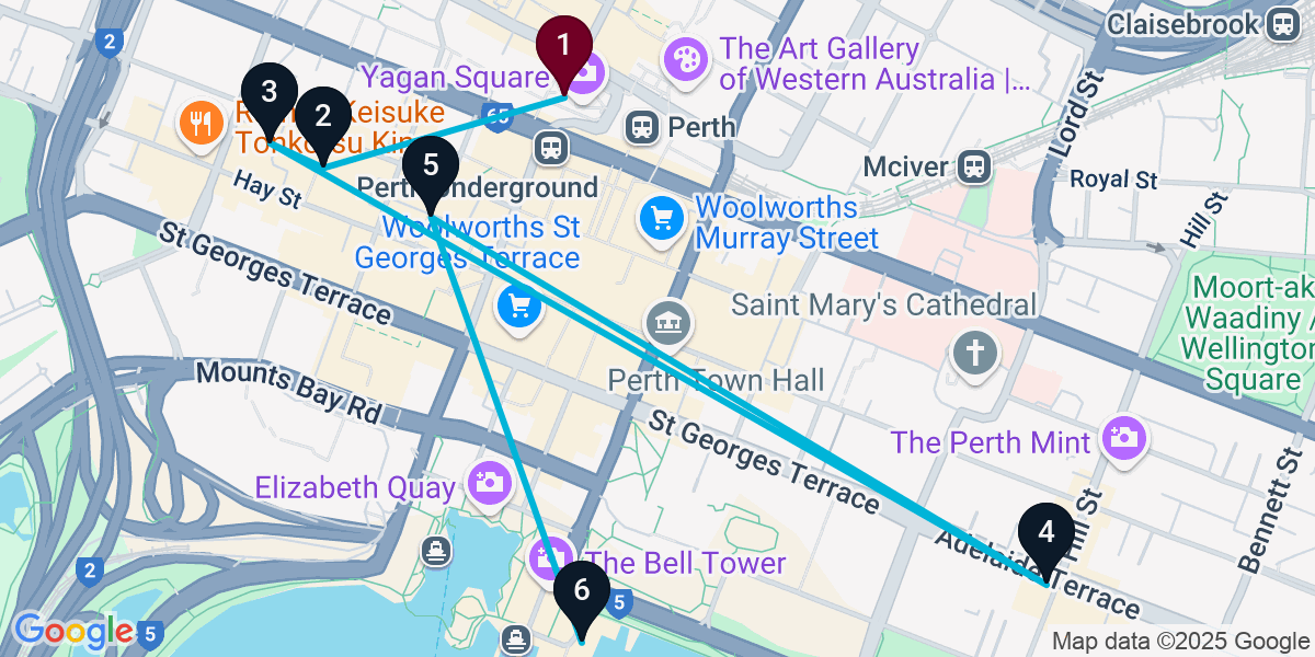 Map for 6-Stop Perth Pub Bar Crawl
