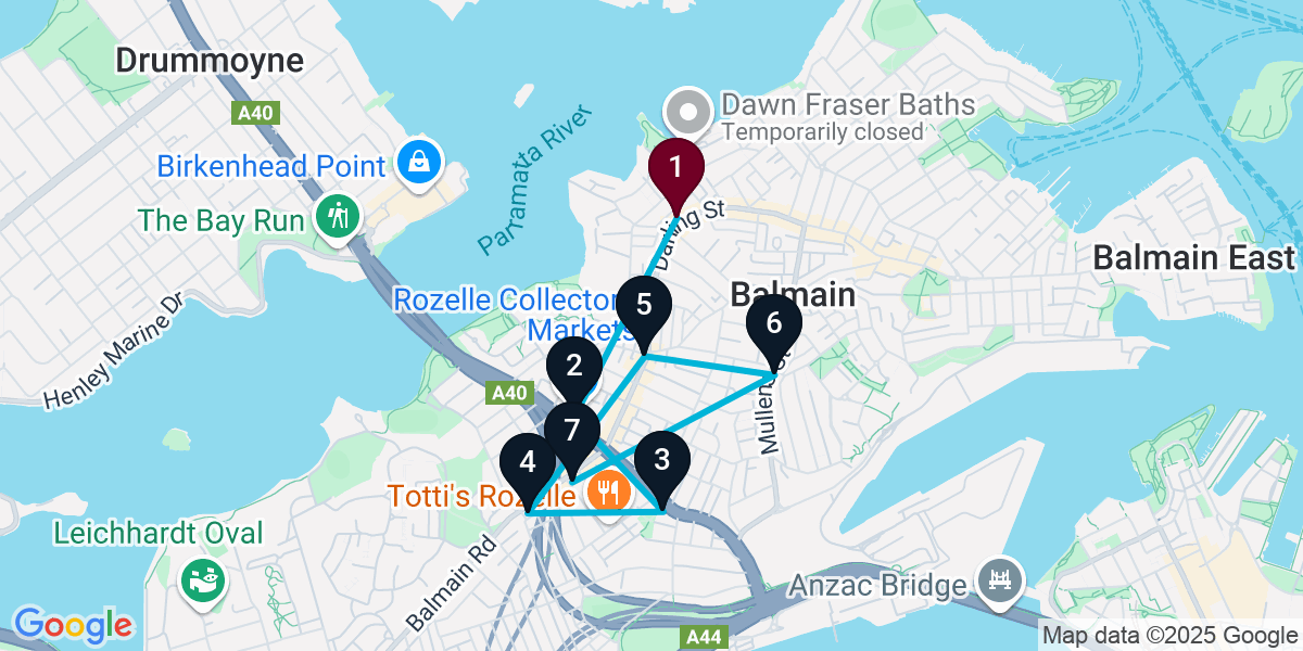 Map for 7-Stop Balmain Live music Bar Crawl