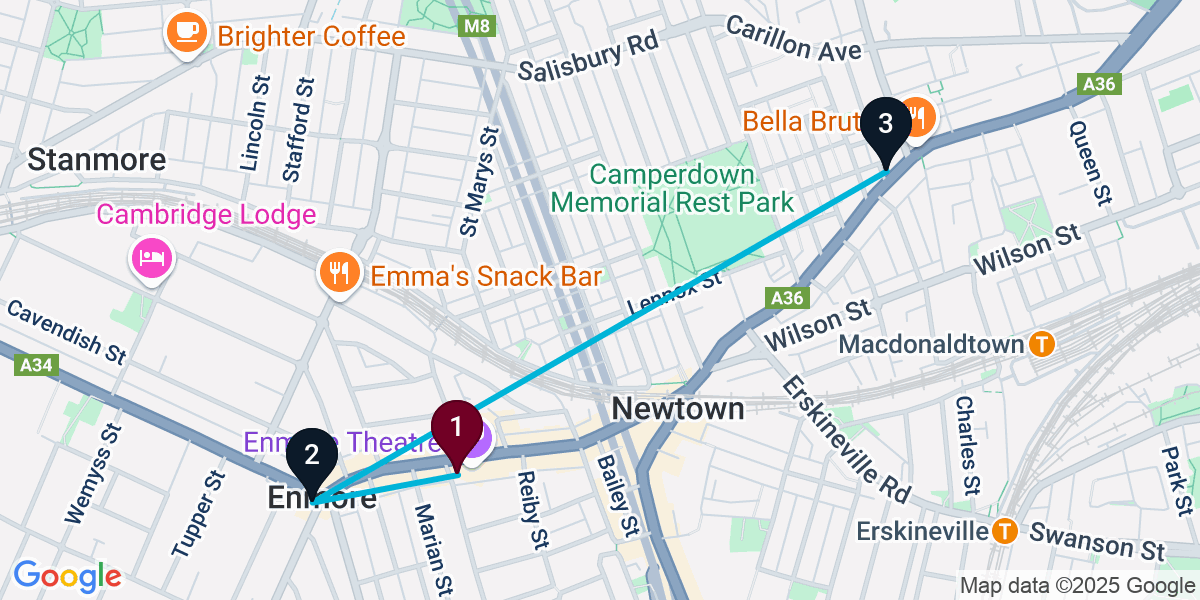 Map for 3-Stop Newtown Rooftop Bar Crawl