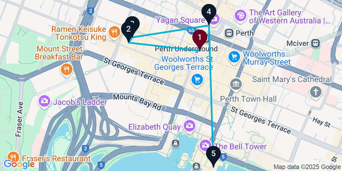 Map for 5-Stop Perth Cocktail Bar Crawl