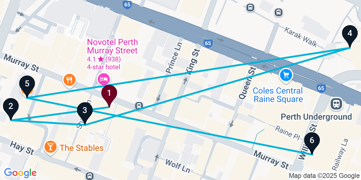 Map for 6-Stop Perth Bar Crawl