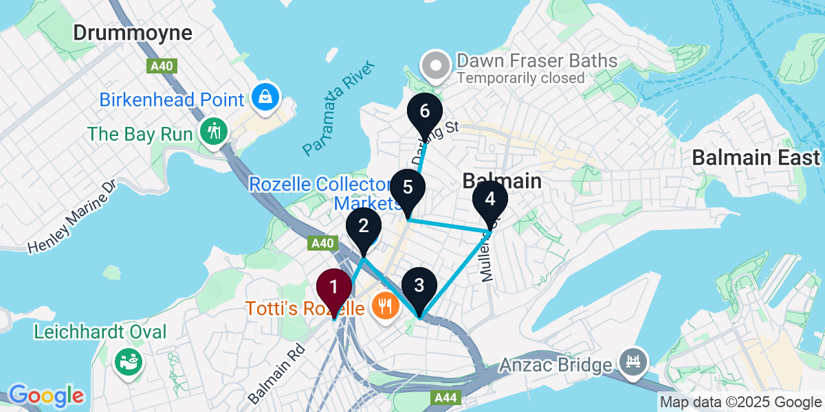 Map for 6-Stop Rozelle Live music Bar Crawl