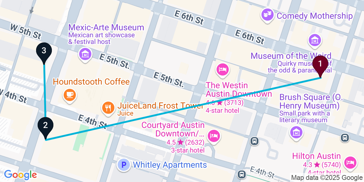 Map for 3-Stop Austin Bar Crawl