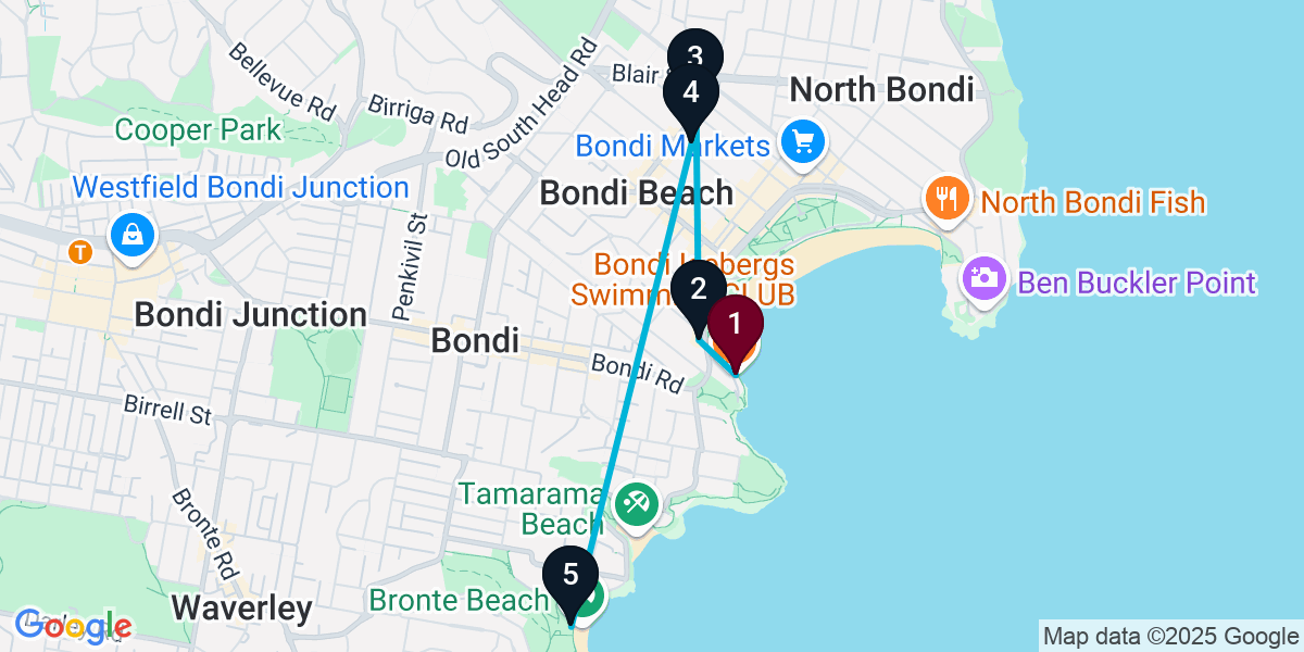Map for 5-Stop Bondi Beach Beach bar Bar Crawl