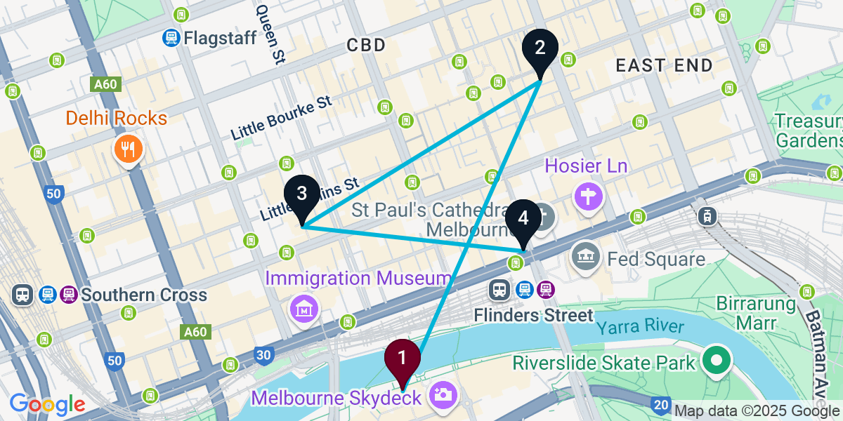Map for 4-Stop Melbourne Pub Crawl