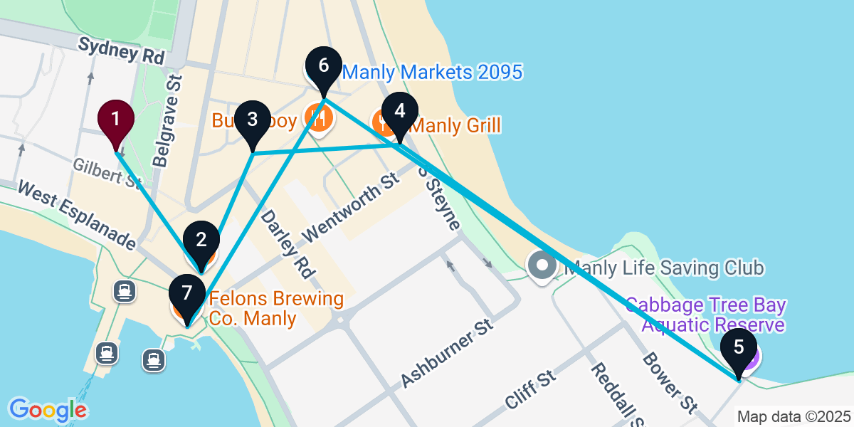 Map for 7-Stop Manly Pub Bar Crawl