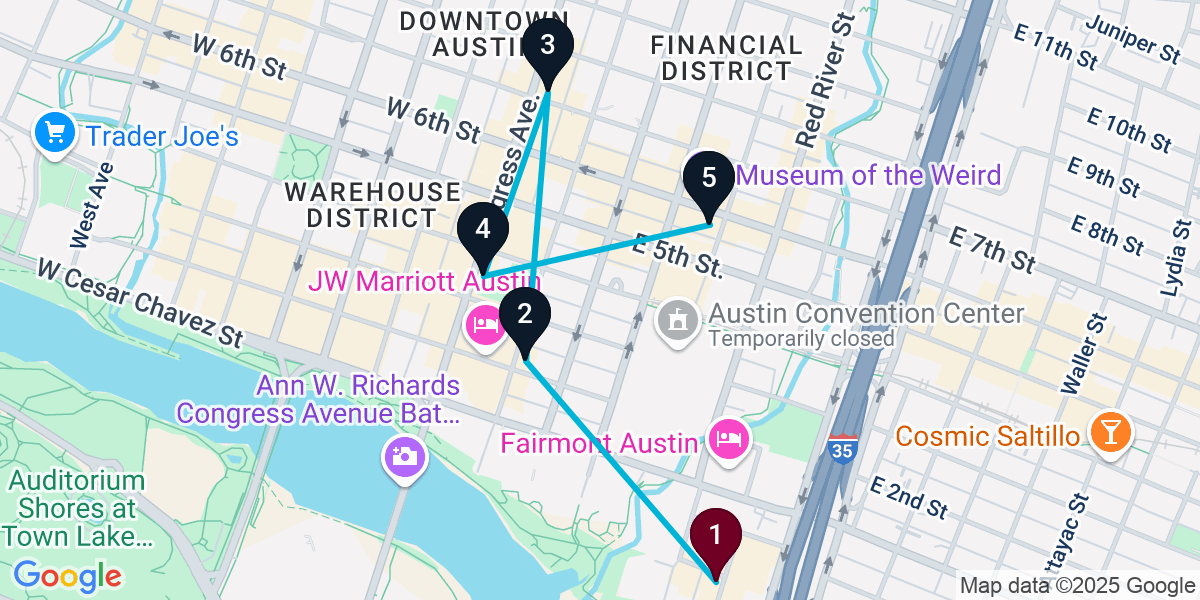 Map for 5-Stop Austin Bar Crawl