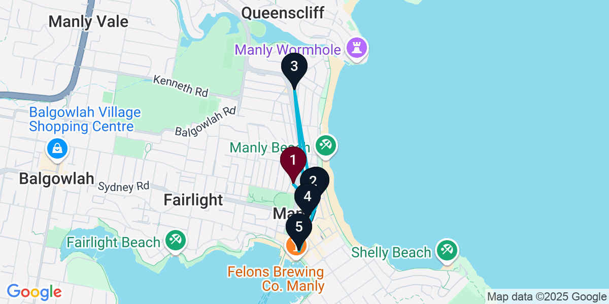 Map for 6-Stop Manly Cocktail Bar Crawl