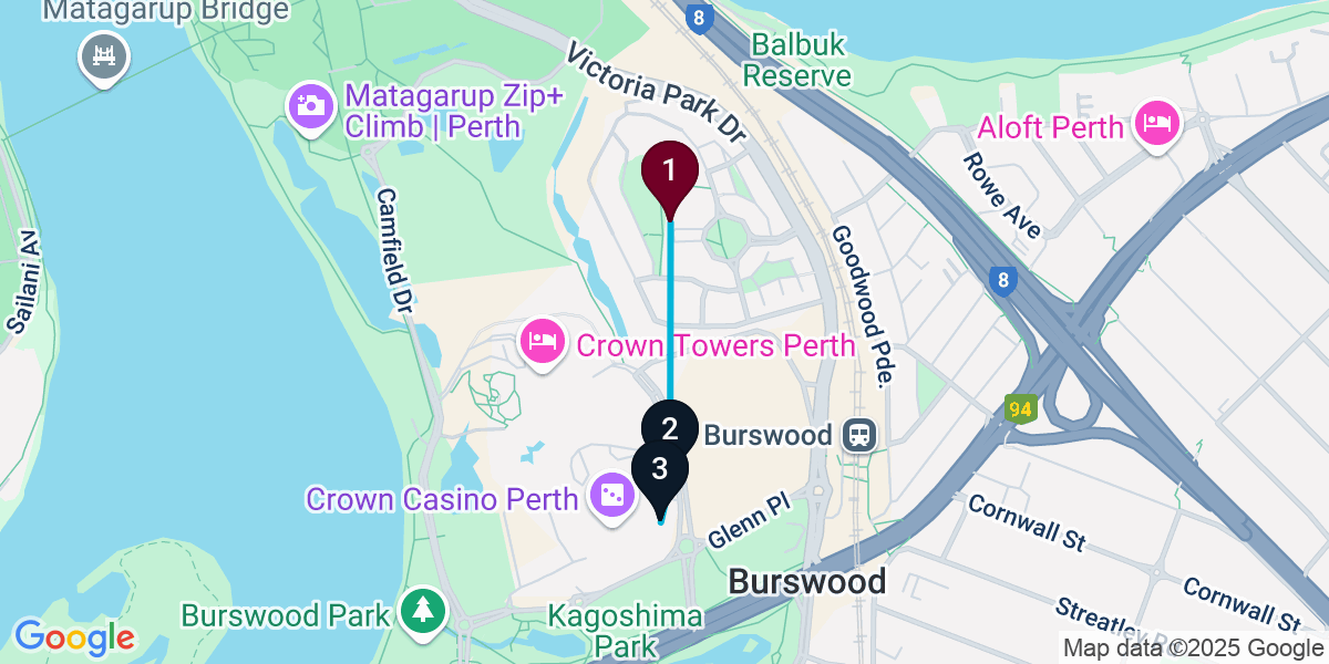 Map for 3-Stop Burswood Nightclub Bar Crawl