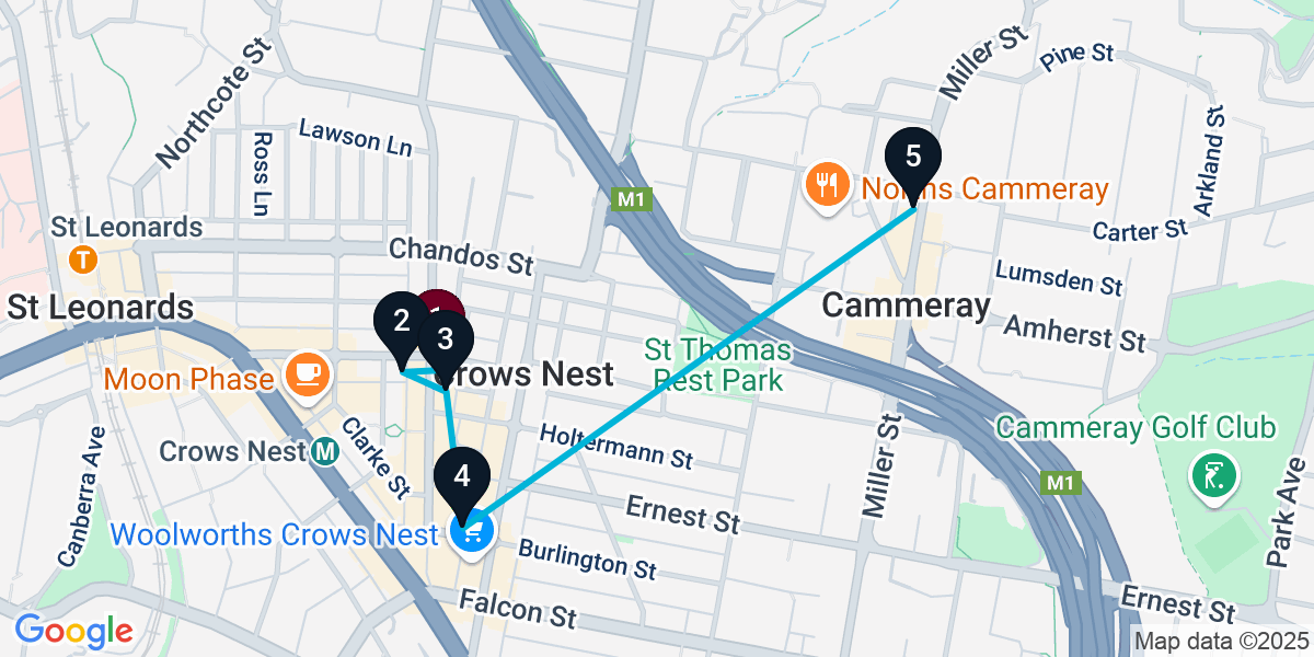 Map for 5-Stop Crows Nest Wine bar Bar Crawl