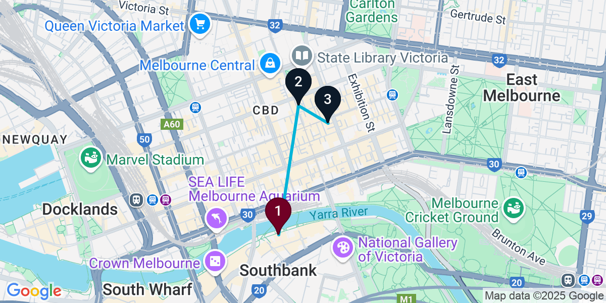 Map for Compact Melbourne Cocktail Bar Crawl